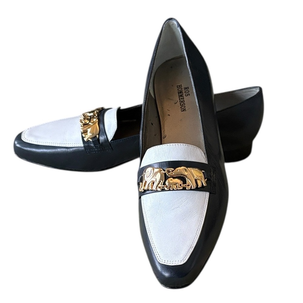 Vintage Ros Hommerson Navy Blue & White Leather Gold Elephant Detail Loafers 9 N